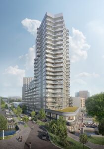 Impressierender woontoren aan de H.J.E. Wenckebachweg met moderne architectuur en groene omgeving.